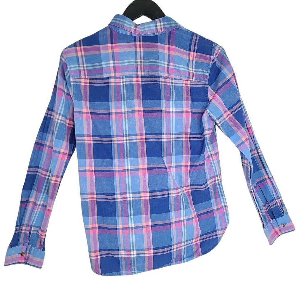 American Eagle Navy Blue Plaid Long Sleeve Worn in Look Button Up Shirt - Picture 4 of 6